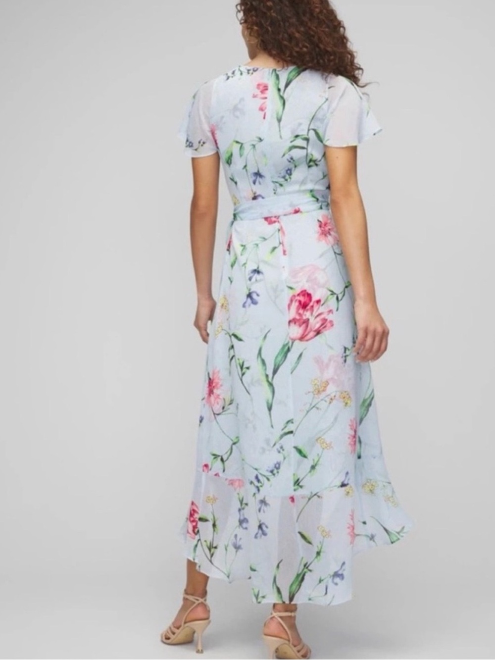 White House Black Market Light Blue Ruffle Floral High-Low Wrap Dress - Picture 2 of 15